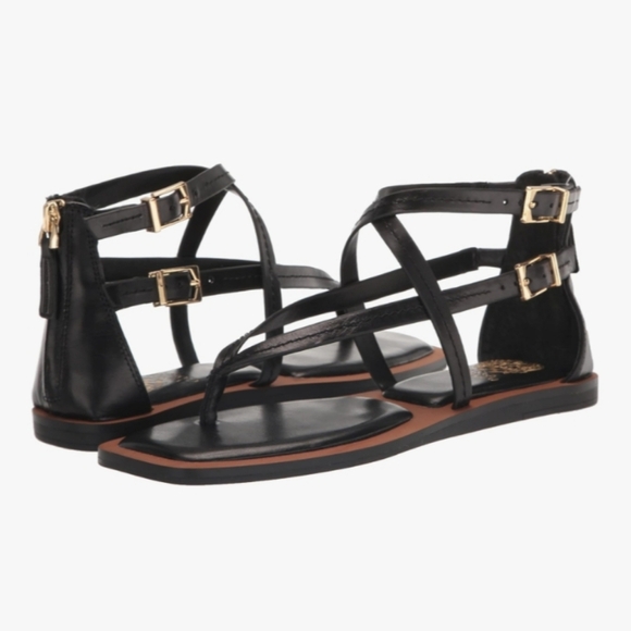 Vince Camuto Black Leather Brenndie Buckle Sandal Flat Size 71/2 - Picture 1 of 8
